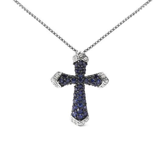 .925 Sterling Silver 3/4 Cttw Created Blue Sapphire and White Diamond Accent Cross Pendant Necklace - 18" Inches